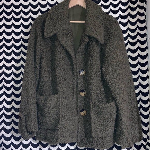 FREE PEOPLE Olive green fuzzy boucle jacket SZ L - Picture 1 of 5